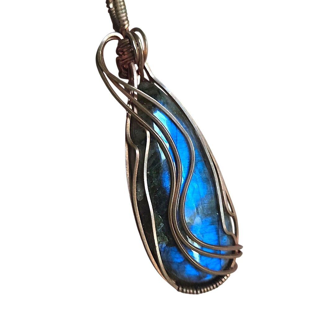 Copper Wire Wrapped Labradorite Pendant Necklace Blue Flash Custom Chain Length
